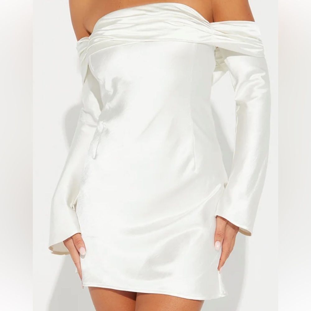 Fashion Nova Off-Shoulder Satin Mini Dress in White